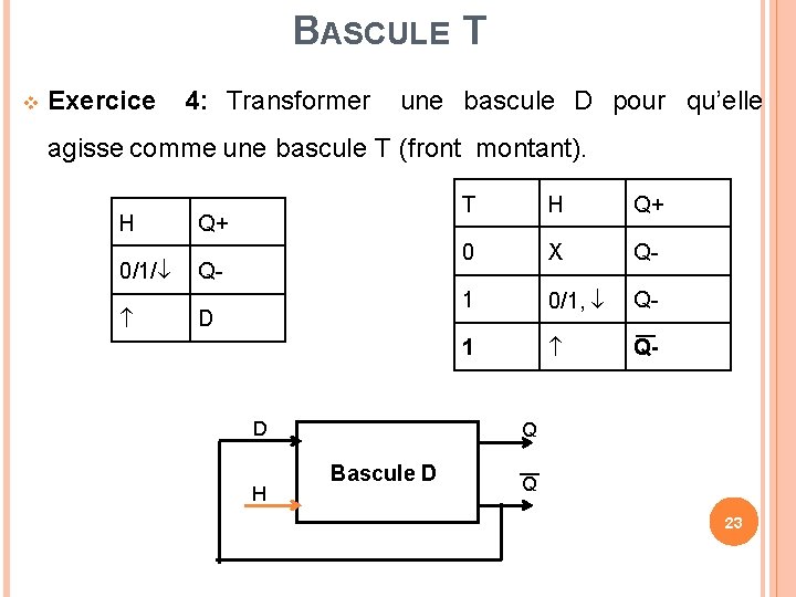 BASCULE T Exercice 4: Transformer une bascule D pour qu’elle agisse comme une bascule