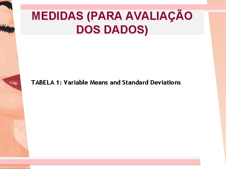 MEDIDAS (PARA AVALIAÇÃO DOS DADOS) TABELA 1: Variable Means and Standard Deviations 