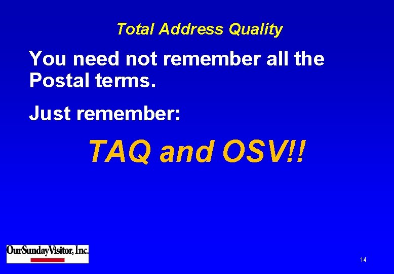 Total Address Quality You need not remember all the Postal terms. Just remember: TAQ