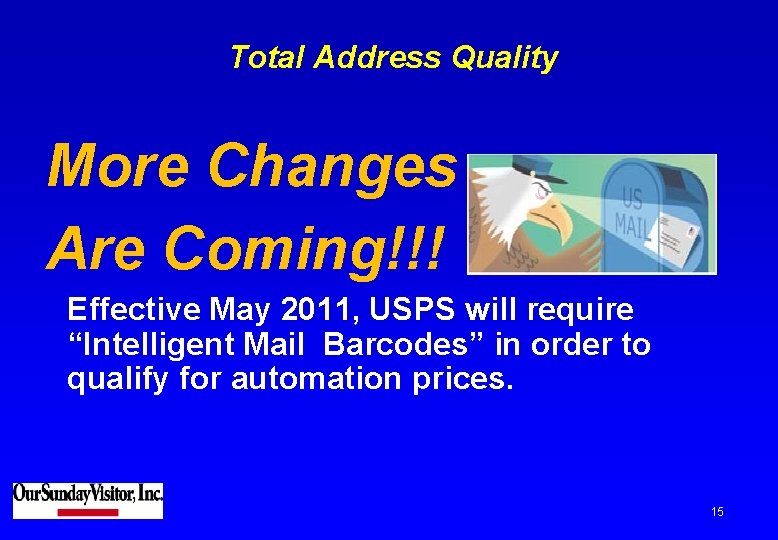 Total Address Quality More Changes Are Coming!!! Effective May 2011, USPS will require “Intelligent