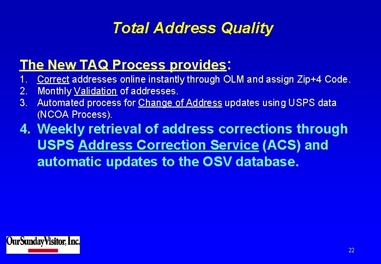 Total Address Quality The New TAQ Process provides: 1. Correct addresses online instantly through