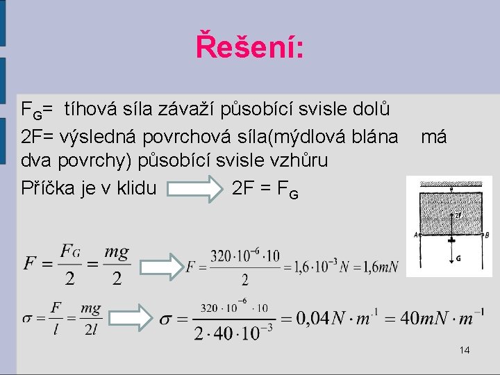 Řešení: FG= tíhová síla závaží působící svisle dolů 2 F= výsledná povrchová síla(mýdlová blána