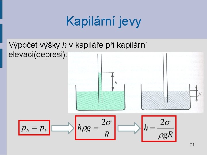 Kapilární jevy Výpočet výšky h v kapiláře při kapilární elevaci(depresi): 21 