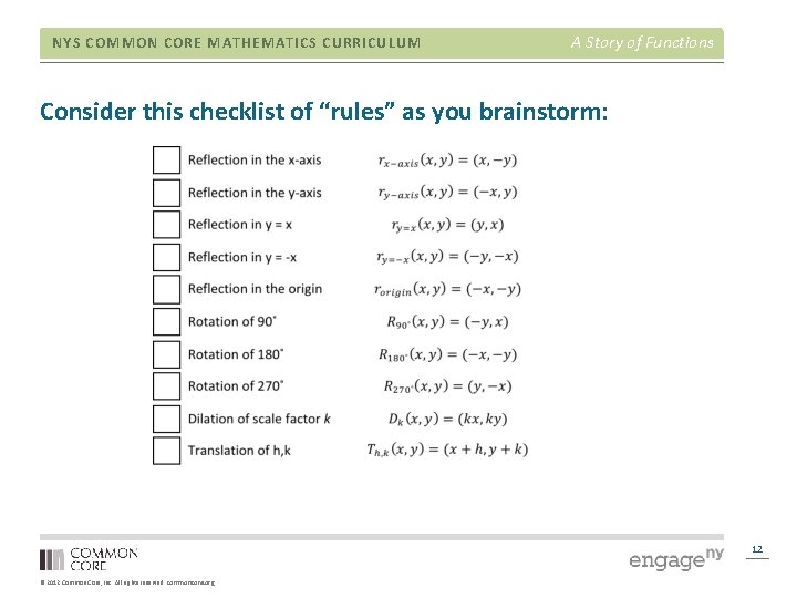 NYS COMMON CORE MATHEMATICS CURRICULUM A Story of Functions Consider this checklist of “rules”