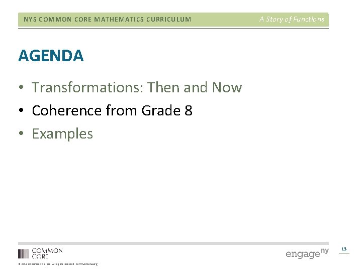 NYS COMMON CORE MATHEMATICS CURRICULUM A Story of Functions AGENDA • Transformations: Then and