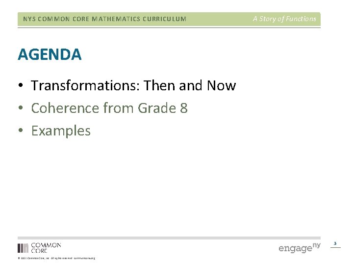 NYS COMMON CORE MATHEMATICS CURRICULUM A Story of Functions AGENDA • Transformations: Then and