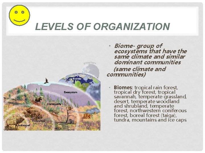 LEVELS OF ORGANIZATION • Biome- group of ecosystems that have the same climate and