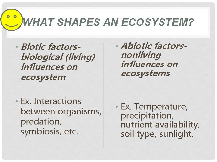 WHAT SHAPES AN ECOSYSTEM? • Biotic factorsbiological (living) influences on ecosystem • Abiotic factorsnonliving