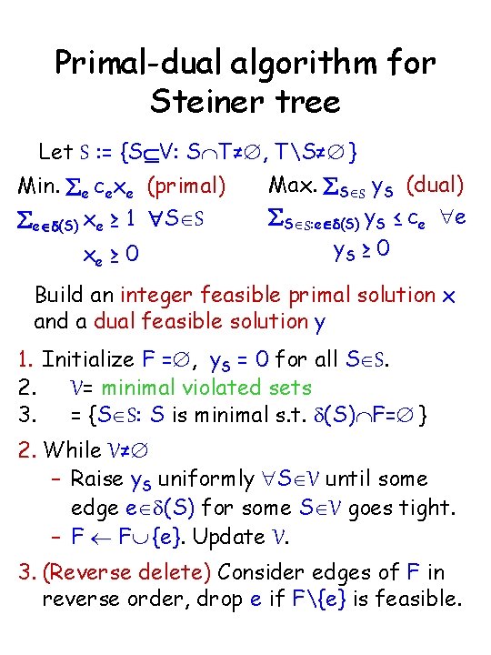 Primal-dual algorithm for Steiner tree Let S : = {SÍV: SÇT≠Æ, TS≠Æ } Max.
