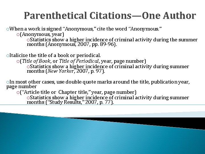 Parenthetical Citations—One Author o. When a work is signed “Anonymous, ” cite the word