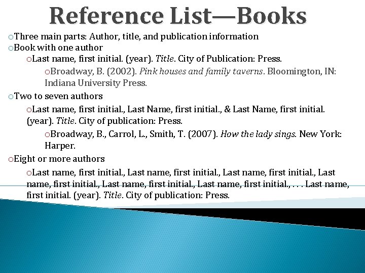 Reference List—Books o. Three main parts: Author, title, and publication information o. Book with