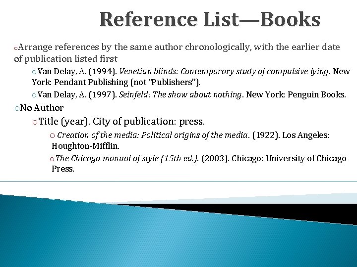 Reference List—Books o. Arrange references by the same author chronologically, with the earlier date