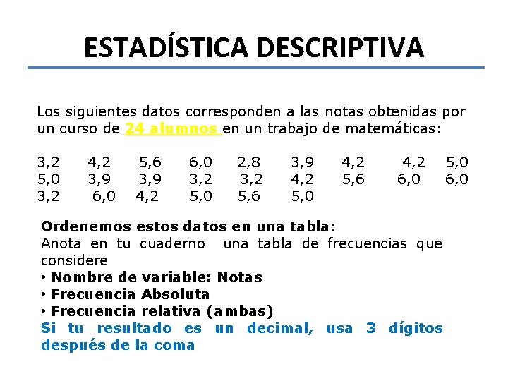 ESTADÍSTICA DESCRIPTIVA Los siguientes datos corresponden a las notas obtenidas por un curso de