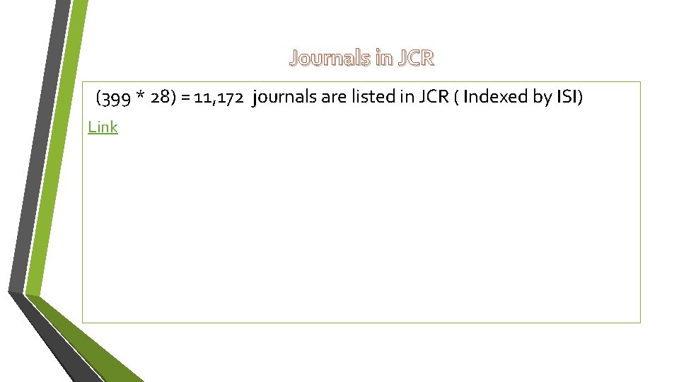 Journals in JCR (399 * 28) = 11, 172 journals are listed in JCR