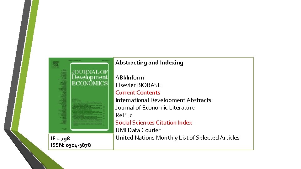 Abstracting and Indexing IF 1. 798 ISSN: 0304 -3878 ABI/Inform Elsevier BIOBASE Current Contents