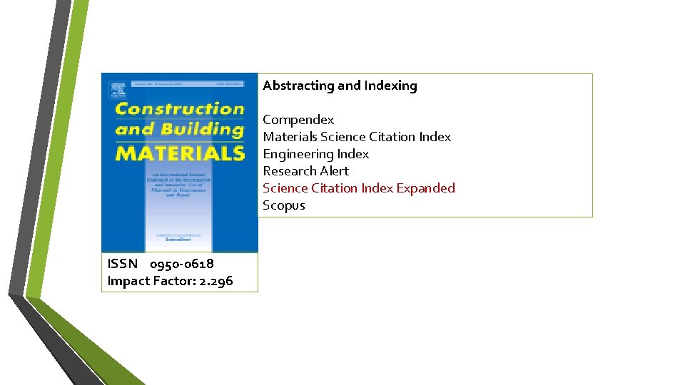 Abstracting and Indexing Compendex Materials Science Citation Index Engineering Index Research Alert Science Citation