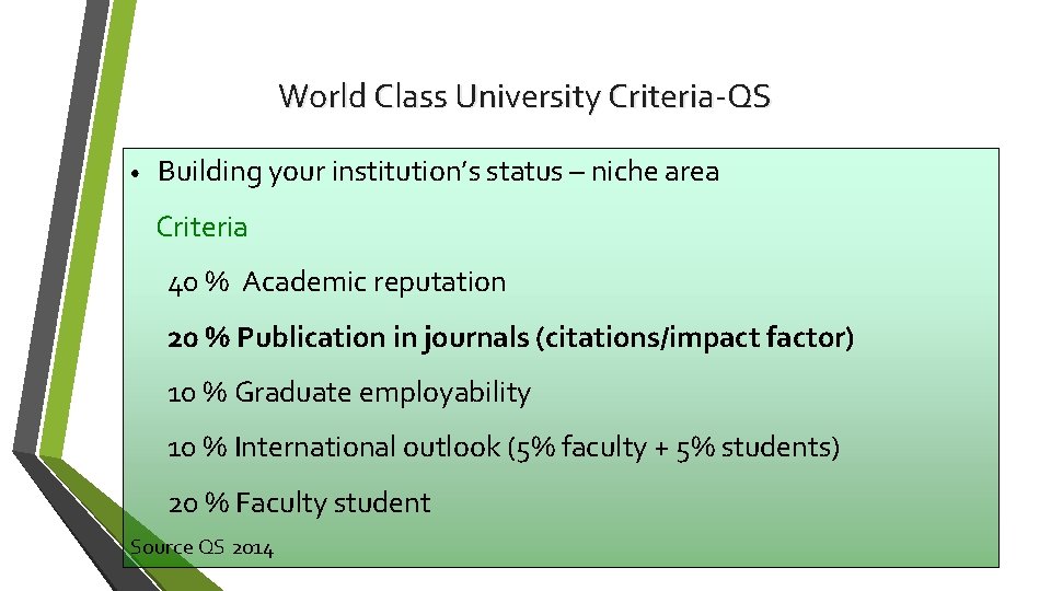 World Class University Criteria-QS • Building your institution’s status – niche area Criteria 40