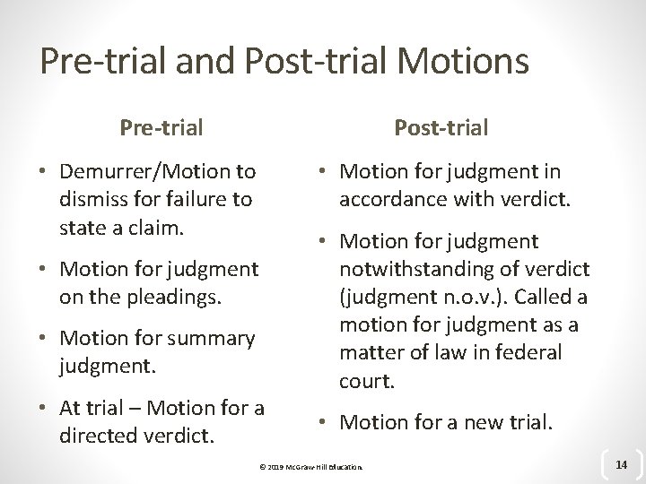 Pre-trial and Post-trial Motions Pre-trial Post-trial • Motion for judgment in accordance with verdict.