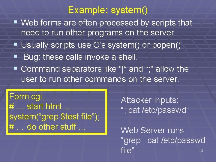 Example: system() § Web forms are often processed by scripts that need to run