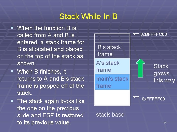 Stack While In B § When the function B is called from A and