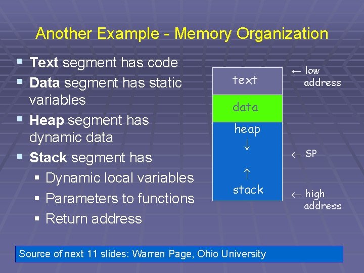 Another Example - Memory Organization § Text segment has code § Data segment has