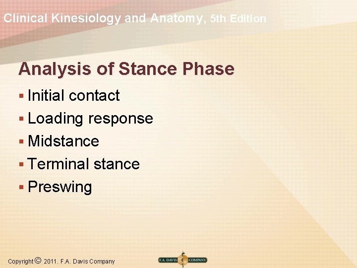 Clinical Kinesiology and Anatomy, 5 th Edition Analysis of Stance Phase § Initial contact