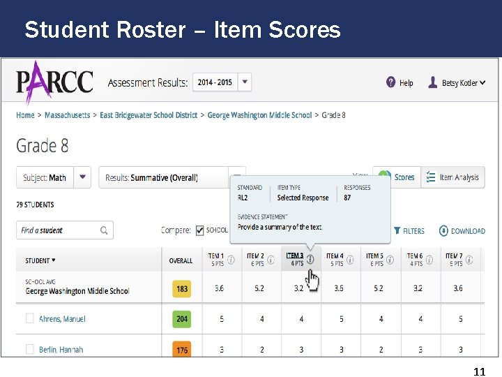 Student Roster – Item Scores 11 