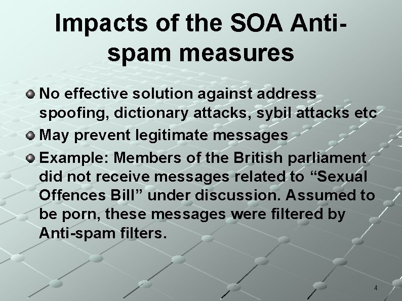 Impacts of the SOA Antispam measures No effective solution against address spoofing, dictionary attacks, Impacts of the SOA Antispam measures No effective solution against address spoofing, dictionary attacks,
