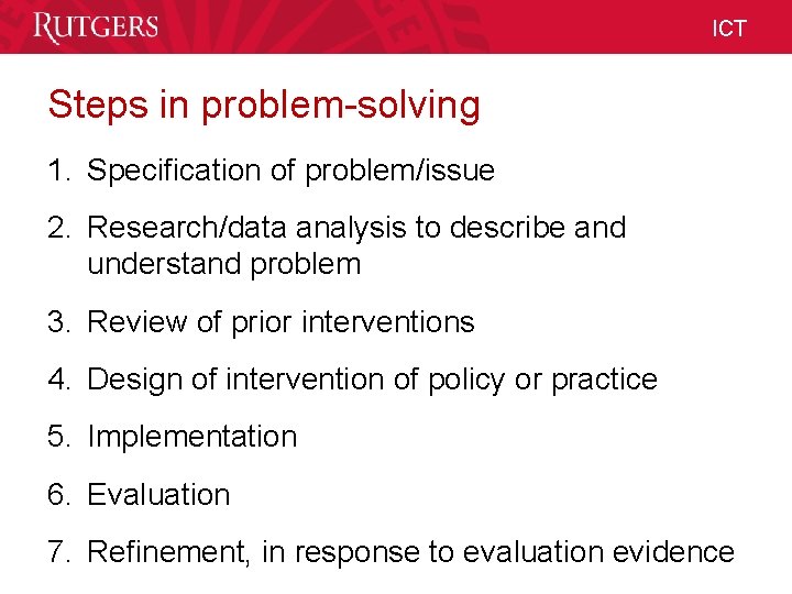 ICT Steps in problem-solving 1. Specification of problem/issue 2. Research/data analysis to describe and ICT Steps in problem-solving 1. Specification of problem/issue 2. Research/data analysis to describe and