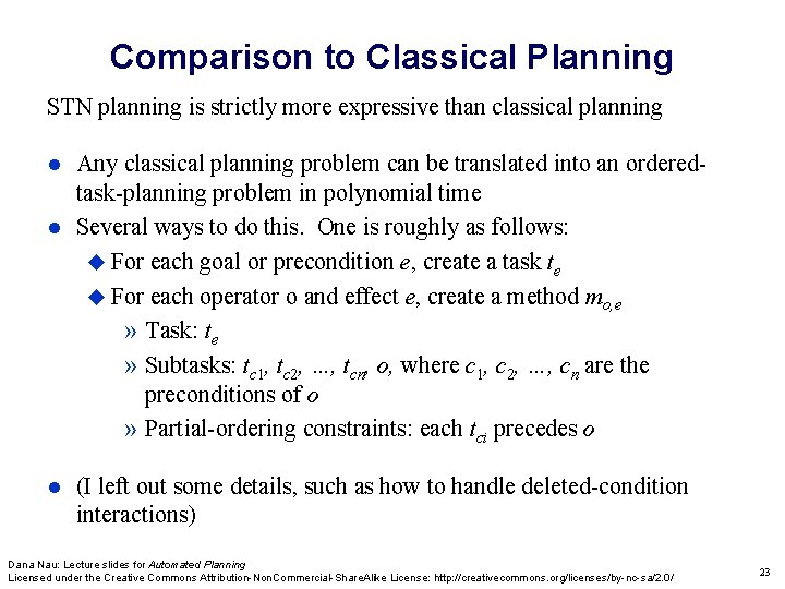 Comparison to Classical Planning STN planning is strictly more expressive than classical planning Any