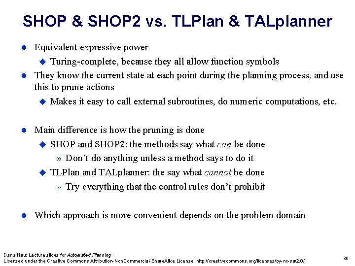 SHOP & SHOP 2 vs. TLPlan & TALplanner Equivalent expressive power Turing-complete, because they SHOP & SHOP 2 vs. TLPlan & TALplanner Equivalent expressive power Turing-complete, because they