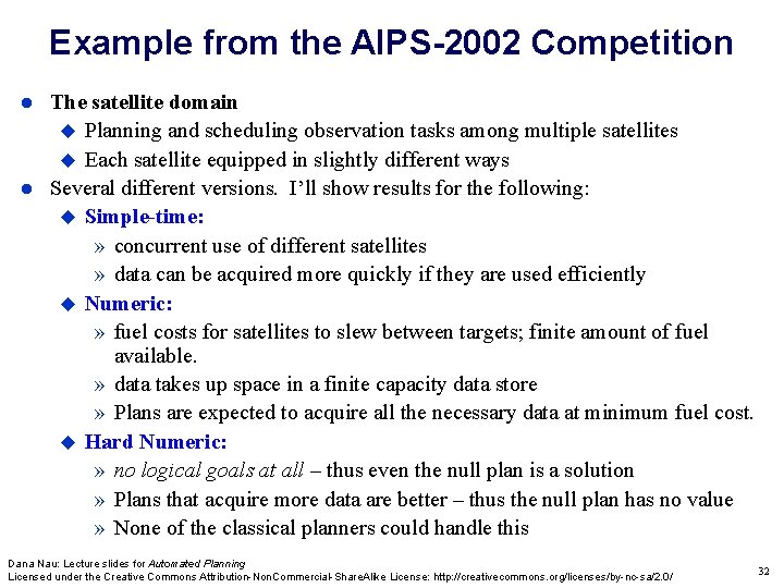 Example from the AIPS-2002 Competition The satellite domain Planning and scheduling observation tasks among Example from the AIPS-2002 Competition The satellite domain Planning and scheduling observation tasks among