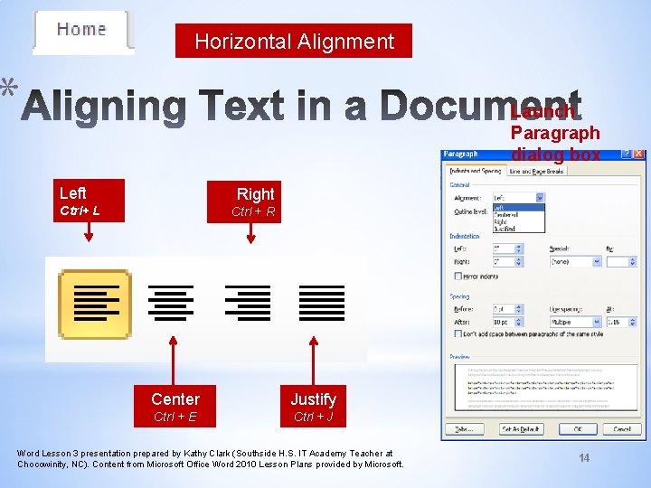 Horizontal Alignment * Launch Paragraph dialog box Left Right Ctrl+ L Ctrl + R