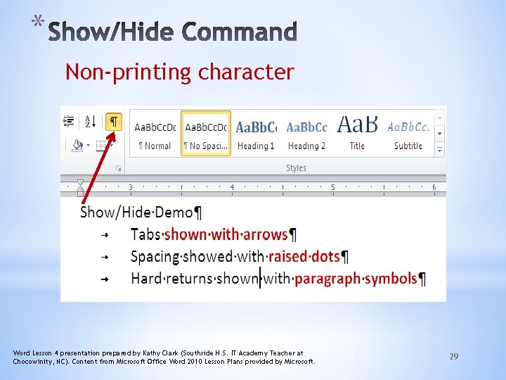 * Non-printing character Word Lesson 4 presentation prepared by Kathy Clark (Southside H. S.