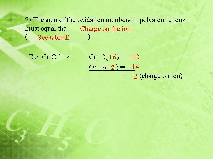 7) The sum of the oxidation numbers in polyatomic ions must equal the ______________