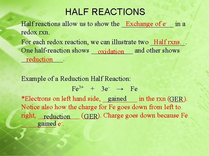 HALF REACTIONS Half reactions allow us to show the ________ Exchange of e- in