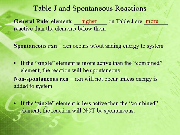 Table J and Spontaneous Reactions higher more General Rule: elements ______ on Table J