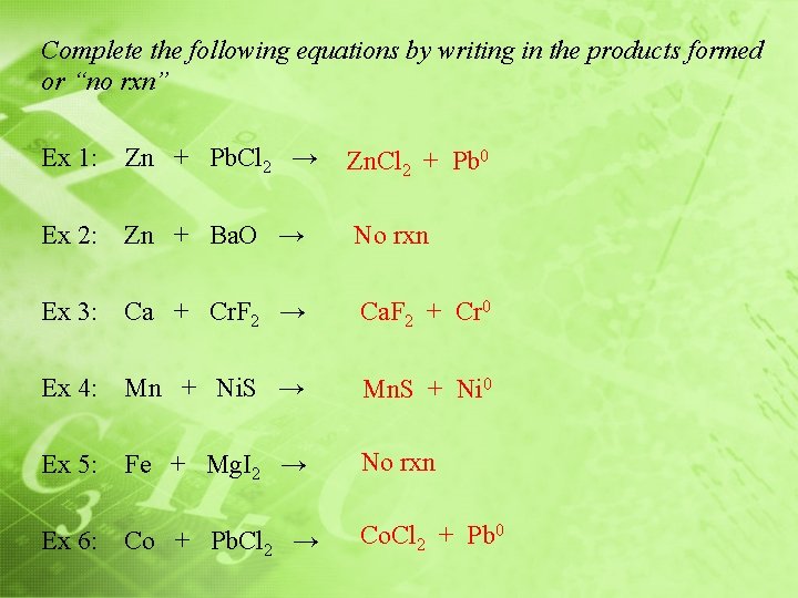 Complete the following equations by writing in the products formed or “no rxn” Ex