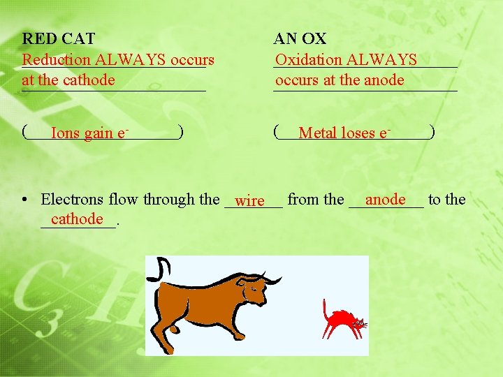 RED CAT ___________ Reduction ALWAYS occurs at the cathode ___________ AN OX ___________ Oxidation