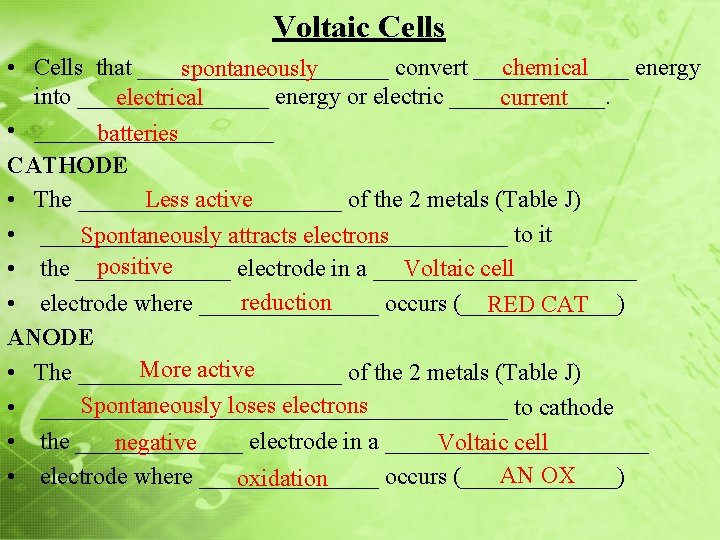 Voltaic Cells chemical • Cells that ___________ convert _______ energy spontaneously into ________ energy