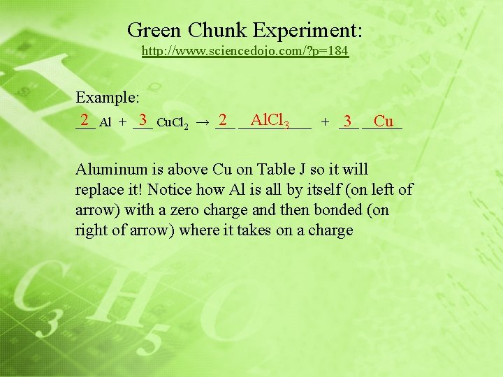 Green Chunk Experiment: http: //www. sciencedojo. com/? p=184 Example: 2 Al + ___ 3