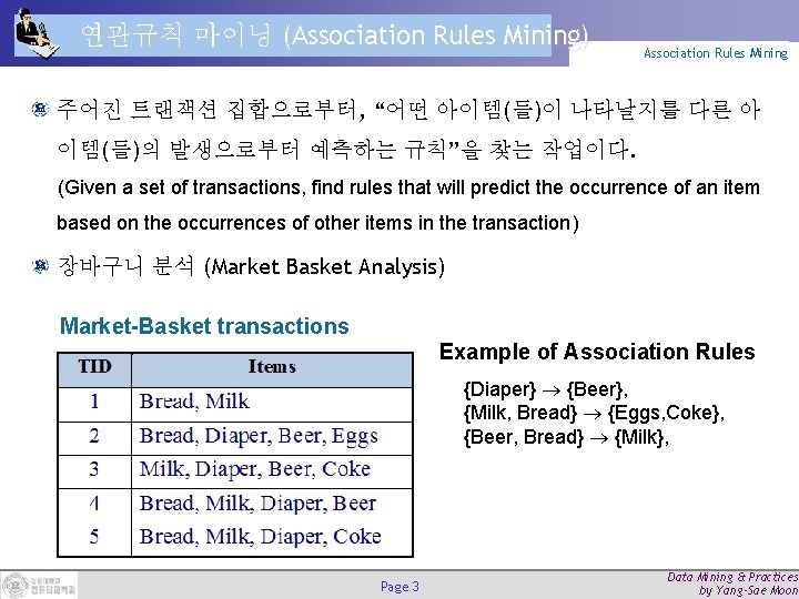 연관규칙 마이닝 (Association Rules Mining) Association Rules Mining 주어진 트랜잭션 집합으로부터, “어떤 아이템(들)이 나타날지를