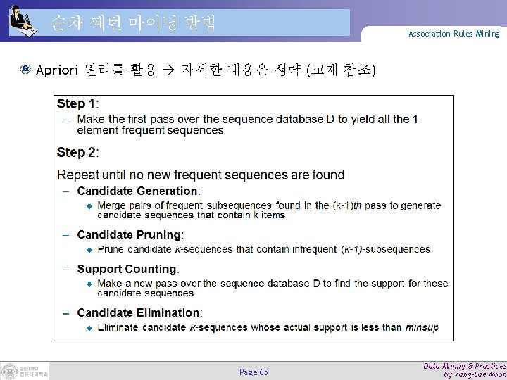 순차 패턴 마이닝 방법 Association Rules Mining Apriori 원리를 활용 자세한 내용은 생략 (교재