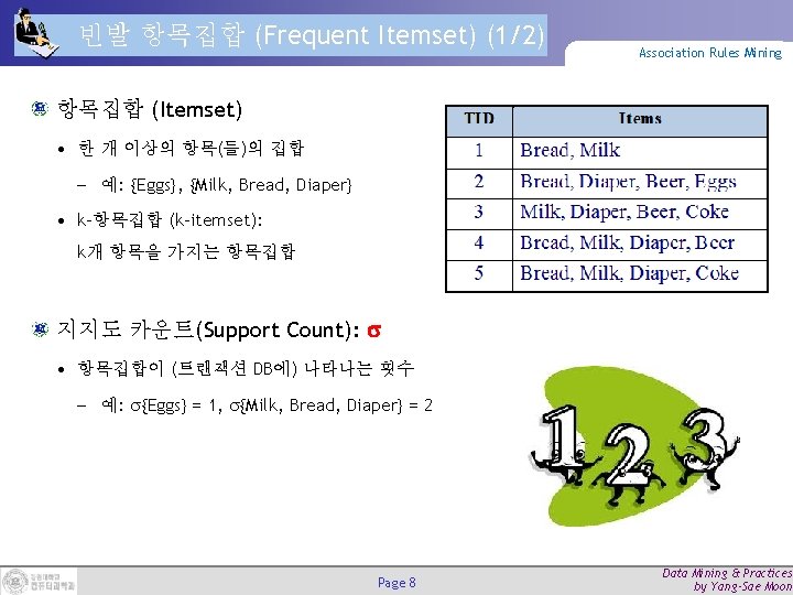 빈발 항목집합 (Frequent Itemset) (1/2) Association Rules Mining 항목집합 (Itemset) • 한 개 이상의