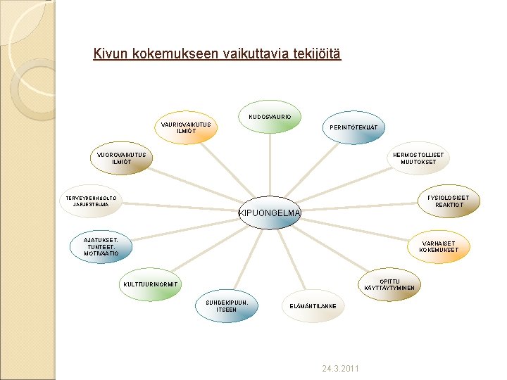 Kivun kokemukseen vaikuttavia tekijöitä KUDOSVAURIOVAIKUTUS ILMIÖT PERINTÖTEKIJÄT VUOROVAIKUTUS ILMIÖT HERMOSTOLLISET MUUTOKSET FYSIOLOGISET REAKTIOT TERVEYDENHUOLTO