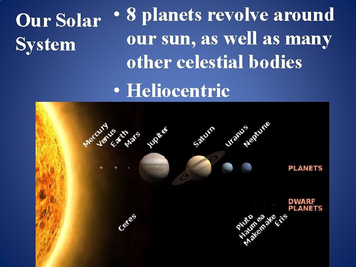 Our Solar • 8 planets revolve around our sun, as well as many System