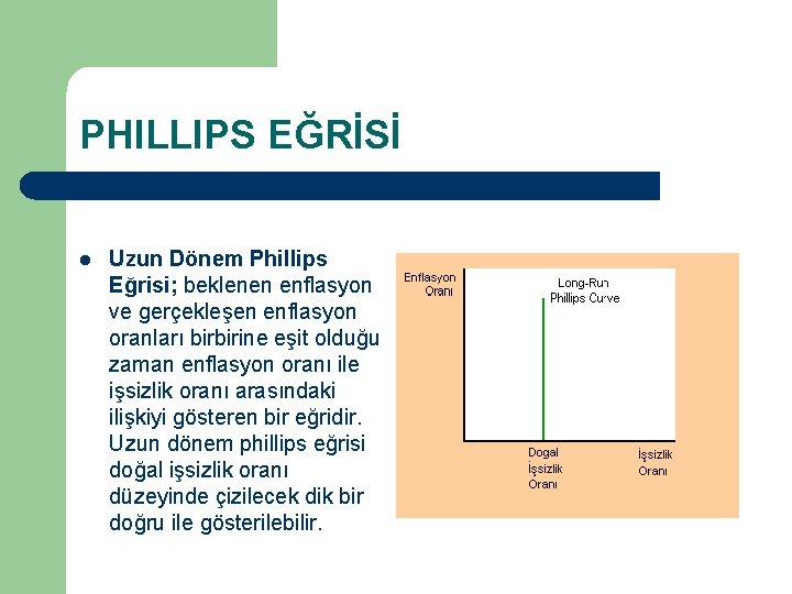 PHILLIPS EĞRİSİ l Uzun Dönem Phillips Eğrisi; beklenen enflasyon ve gerçekleşen enflasyon oranları birbirine