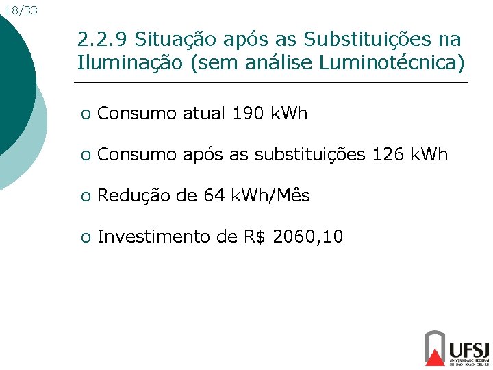 18/33 2. 2. 9 Situação após as Substituições na Iluminação (sem análise Luminotécnica) o