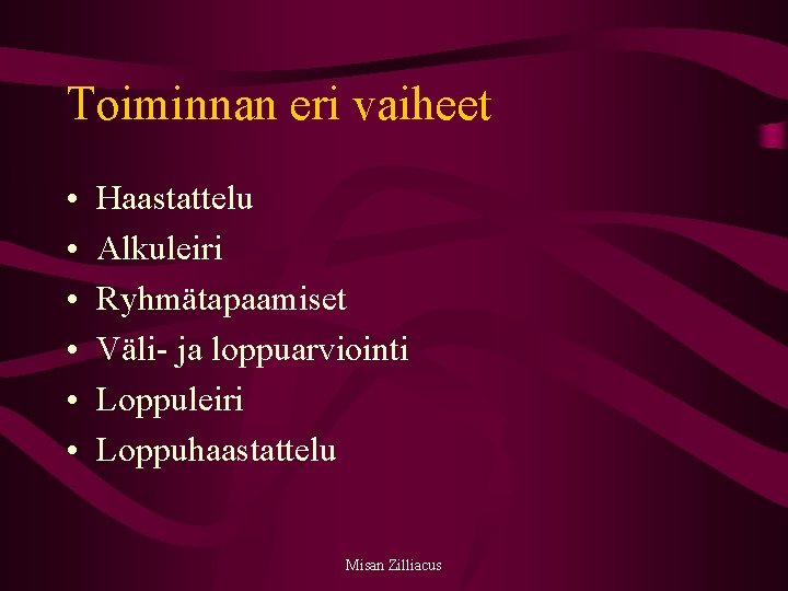 Toiminnan eri vaiheet • • • Haastattelu Alkuleiri Ryhmätapaamiset Väli- ja loppuarviointi Loppuleiri Loppuhaastattelu