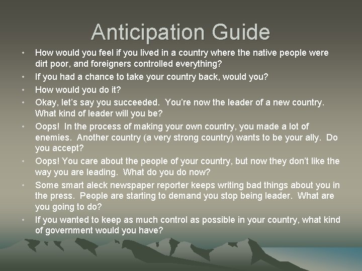 Anticipation Guide • • How would you feel if you lived in a country Anticipation Guide • • How would you feel if you lived in a country